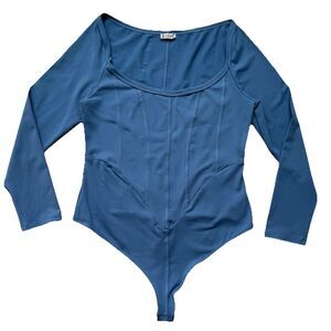 Free People Intimately Thong Bodysuit Size Large Blue Long Sleeve Scoop Neck